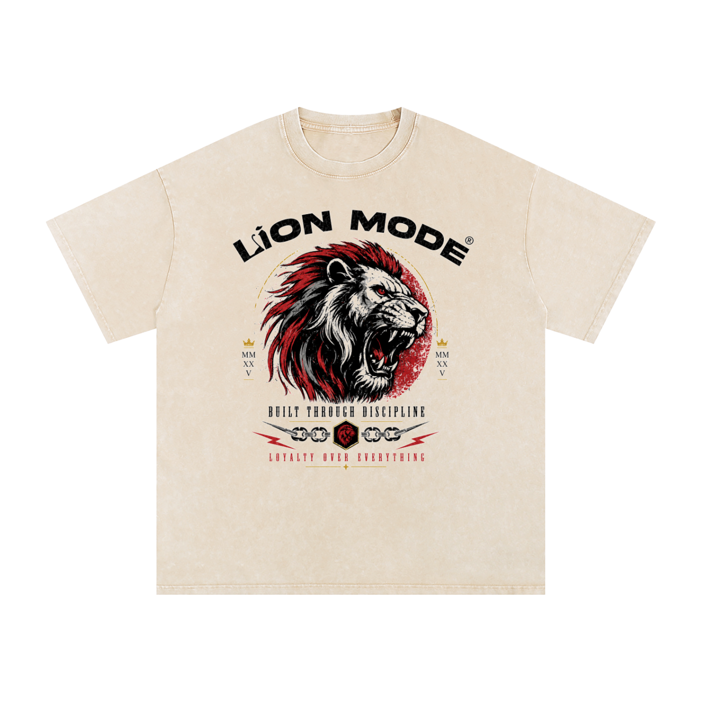 Lion Mode Built Through Discipline Snow Washed Oversized Cotton T-Shirt