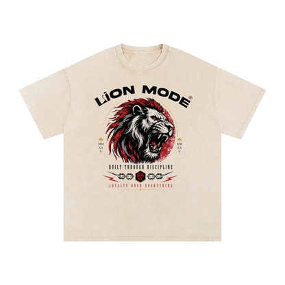 Lion Mode Built Through Discipline Snow Washed Oversized Cotton T-Shirt