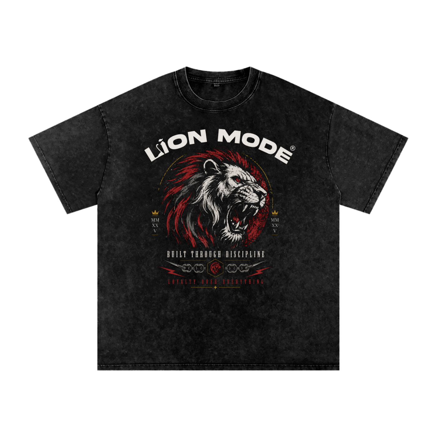 Lion Mode Built Through Discipline Snow Washed Oversized Cotton T-Shirt