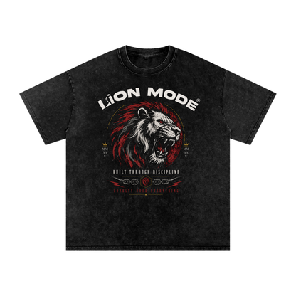 Lion Mode Built Through Discipline Snow Washed Oversized Cotton T-Shirt