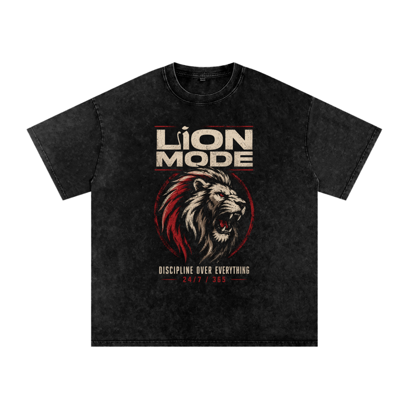 Lion Mode Dscipline Over Everything Snow Washed Oversized Cotton T-Shirt