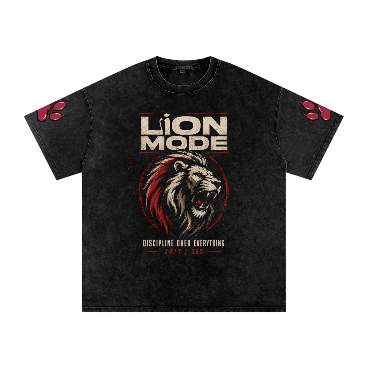Lion Mode Dscipline Over Everything Snow Washed Oversized Cotton T-Shirt